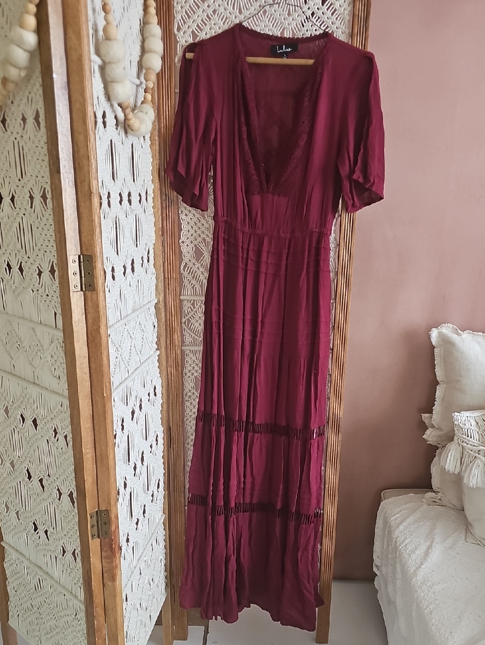 Lulu's Wine Red Boho V-Neck Maxi Dress